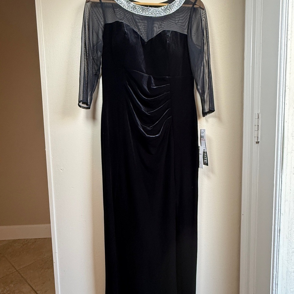 Alex Evenings Women's Black Velvet Mesh Illusion Sleeves & Side Ruching, 10P - Picture 4 of 10